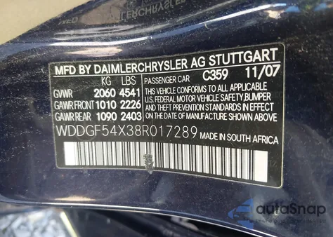 2008 Mercedes-Benz C 300 Luxury from USA, damaged, VIN WDDGF54X38R017289